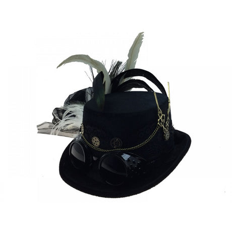 Steampunk hat with goggles, key and feathers