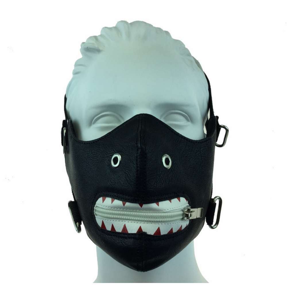 Leather mouth mask red teeth with zip