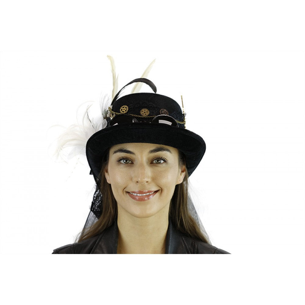 Steampunk hat with goggles, key and feathers