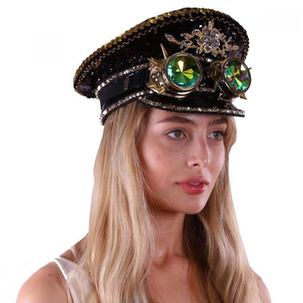 Black gold sequin Hat with goggles